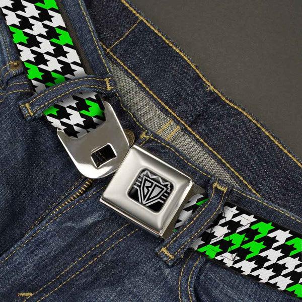 Buckle-Down BD Wings Logo CLOSE-UP Full Color Black Silver Seatbelt Belt - Houndstooth Black/White/Neon Green Webbing