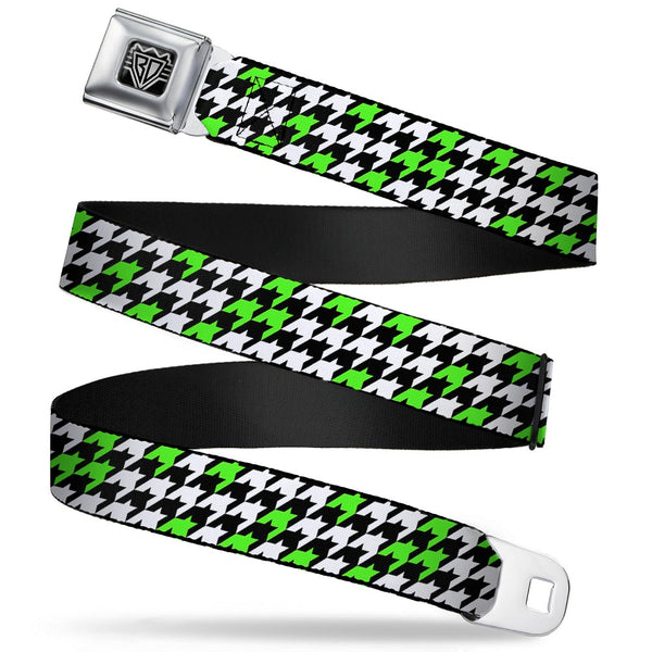 Buckle-Down BD Wings Logo CLOSE-UP Full Color Black Silver Seatbelt Belt - Houndstooth Black/White/Neon Green Webbing