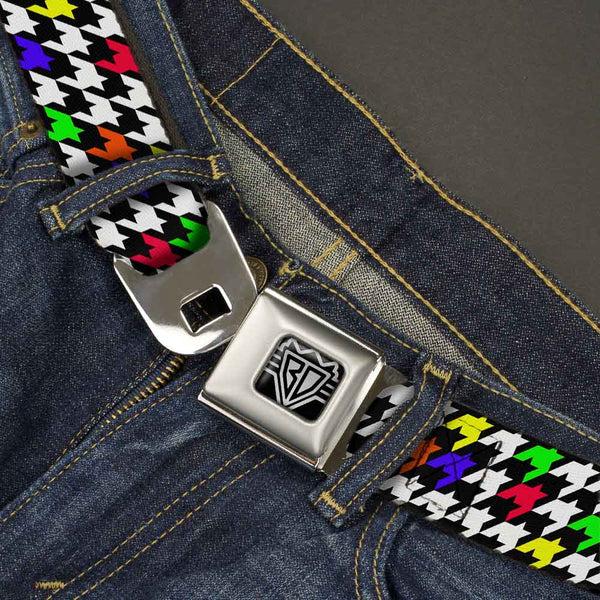 Buckle-Down BD Wings Logo CLOSE-UP Full Color Black Silver Seatbelt Belt - Houndstooth Black/White/Multi Neon Webbing