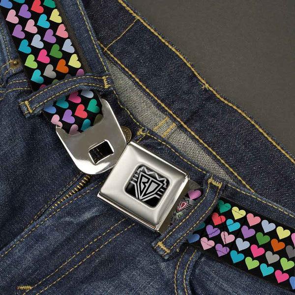 Buckle-Down BD Wings Logo CLOSE-UP Full Color Black Silver Seatbelt Belt - Mini Hearts Black/Multi Color Webbing