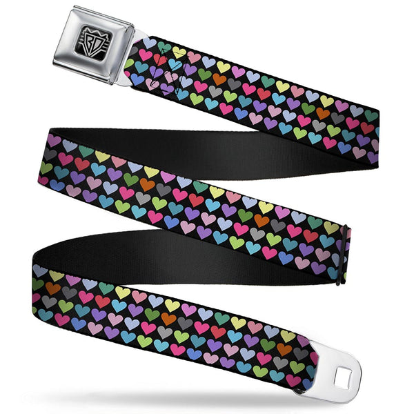 Buckle-Down BD Wings Logo CLOSE-UP Full Color Black Silver Seatbelt Belt - Mini Hearts Black/Multi Color Webbing