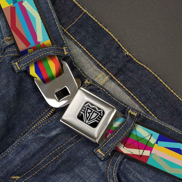 Buckle-Down BD Wings Logo CLOSE-UP Full Color Black Silver Seatbelt Belt - Geometric10 Multi Color Webbing