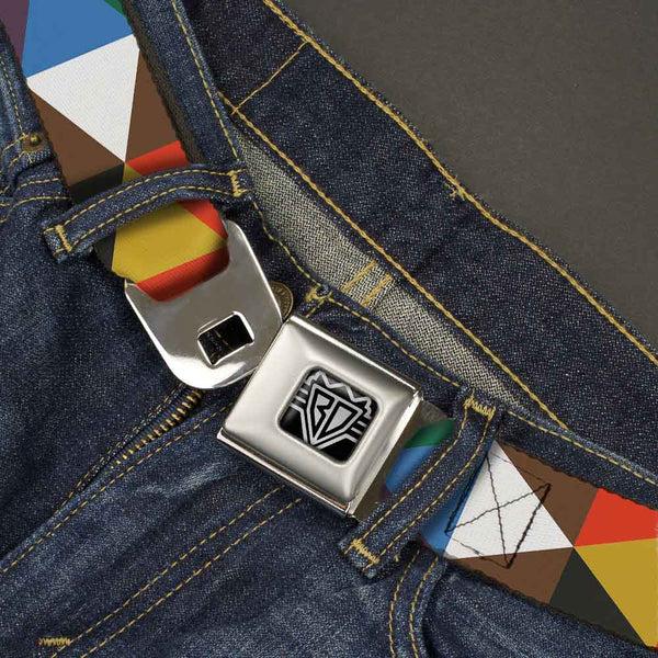 Buckle-Down BD Wings Logo CLOSE-UP Full Color Black Silver Seatbelt Belt - Geometric Triangle Blocks Multi Color Webbing