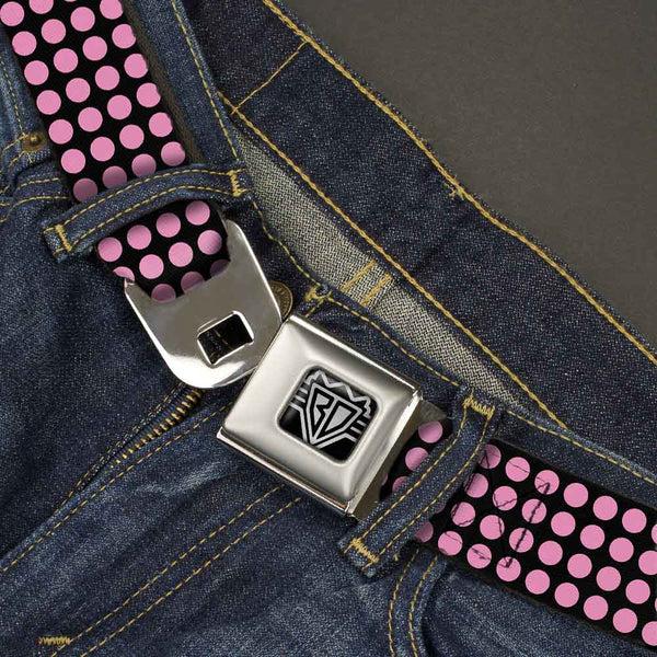 Buckle-Down BD Wings Logo CLOSE-UP Full Color Black Silver Seatbelt Belt - Mini Polka Dots Black/Pink Webbing