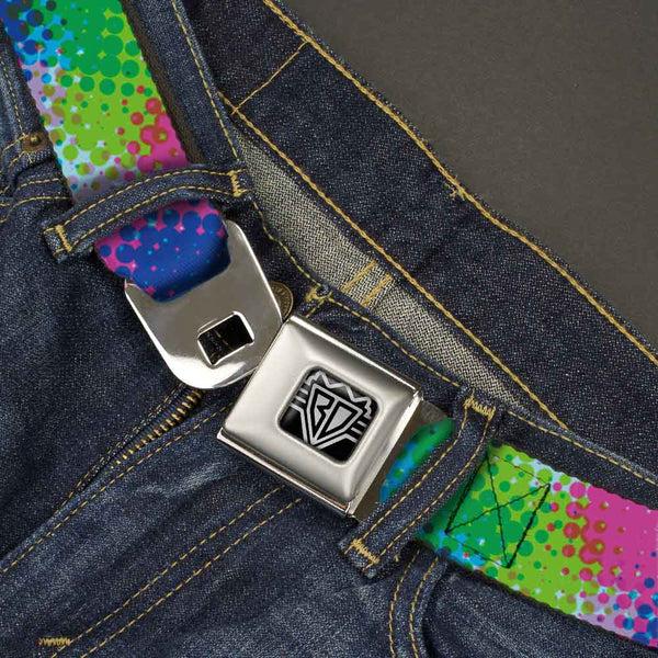 Buckle-Down BD Wings Logo CLOSE-UP Full Color Black Silver Seatbelt Belt - Halftone Dots Light Blue/Blues/Greens/Pinks Webbing