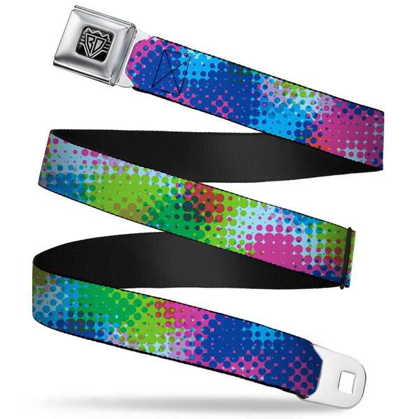 Buckle-Down BD Wings Logo CLOSE-UP Full Color Black Silver Seatbelt Belt - Halftone Dots Light Blue/Blues/Greens/Pinks Webbing