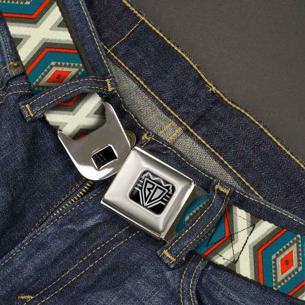Buckle-Down BD Wings Logo CLOSE-UP Full Color Black Silver Seatbelt Belt - Geometric Diamonds Grays/Red/Turquoise Webbing