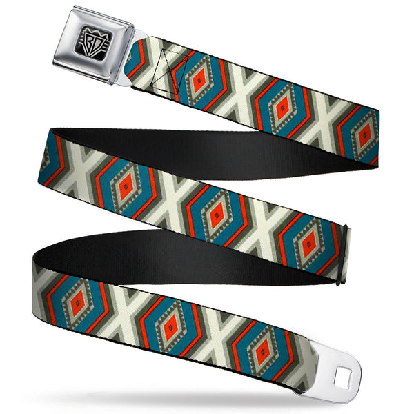 Buckle-Down BD Wings Logo CLOSE-UP Full Color Black Silver Seatbelt Belt - Geometric Diamonds Grays/Red/Turquoise Webbing