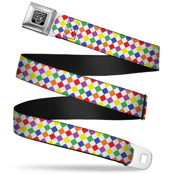 Buckle-Down BD Wings Logo CLOSE-UP Full Color Black Silver Seatbelt Belt - Diamonds White/Multi Neon Webbing