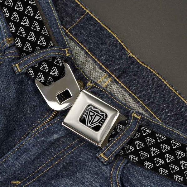 Buckle-Down BD Wings Logo CLOSE-UP Full Color Black Silver Seatbelt Belt - Diamonds Diagonal2 Lines Black/White Webbing