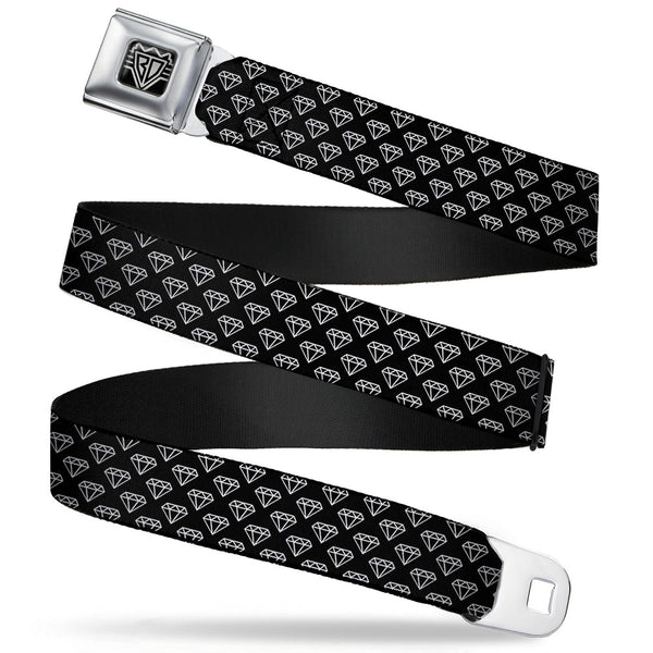 Buckle-Down BD Wings Logo CLOSE-UP Full Color Black Silver Seatbelt Belt - Diamonds Diagonal2 Lines Black/White Webbing