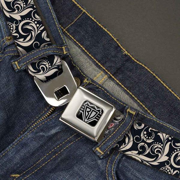 Buckle-Down BD Wings Logo CLOSE-UP Full Color Black Silver Seatbelt Belt - Filigree Navy/Khaki Webbing