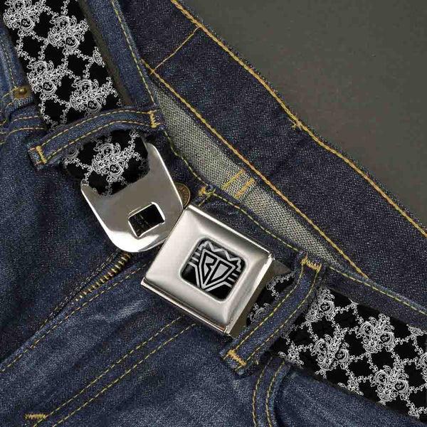 Buckle-Down BD Wings Logo CLOSE-UP Full Color Black Silver Seatbelt Belt - Boudoir Wallpaper Black/White Webbing
