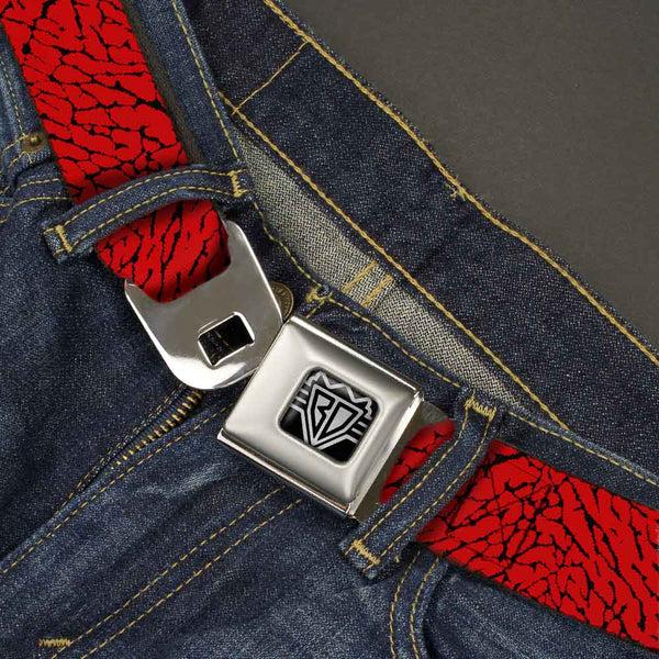 Buckle-Down BD Wings Logo CLOSE-UP Full Color Black Silver Seatbelt Belt - Elephant Crackle Red Webbing