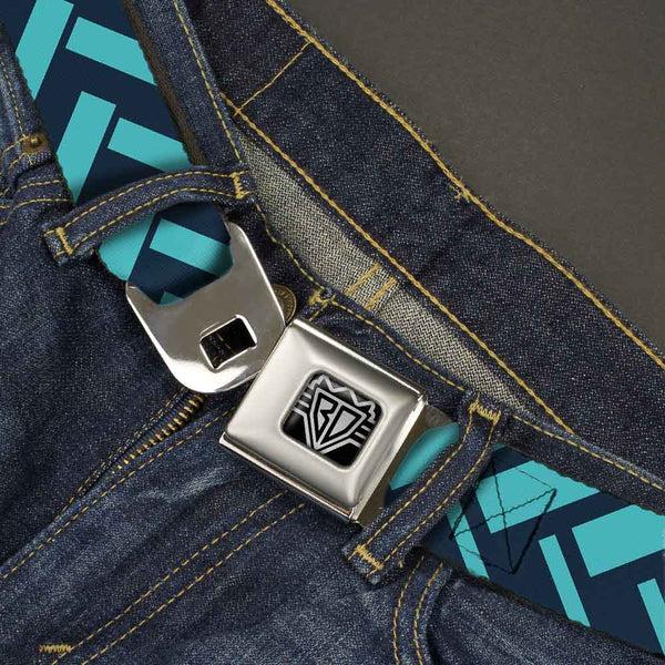 Buckle-Down BD Wings Logo CLOSE-UP Full Color Black Silver Seatbelt Belt - Jagged Chevron Navy/Turquoise Webbing