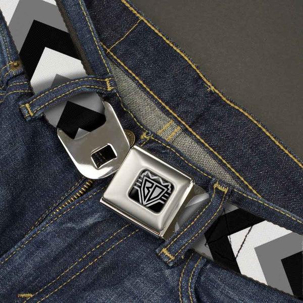 Buckle-Down BD Wings Logo CLOSE-UP Full Color Black Silver Seatbelt Belt - Chevron White/Gray/Black Webbing