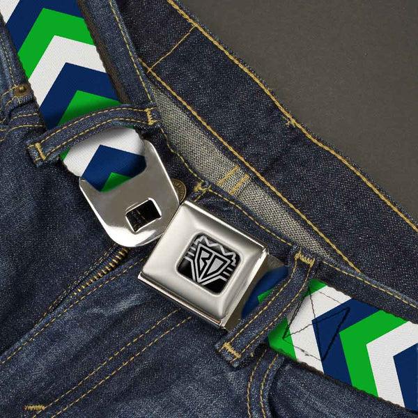 Buckle-Down BD Wings Logo CLOSE-UP Full Color Black Silver Seatbelt Belt - Chevron White/Bright Green/Navy Webbing