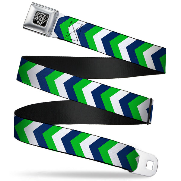 Buckle-Down BD Wings Logo CLOSE-UP Full Color Black Silver Seatbelt Belt - Chevron White/Bright Green/Navy Webbing
