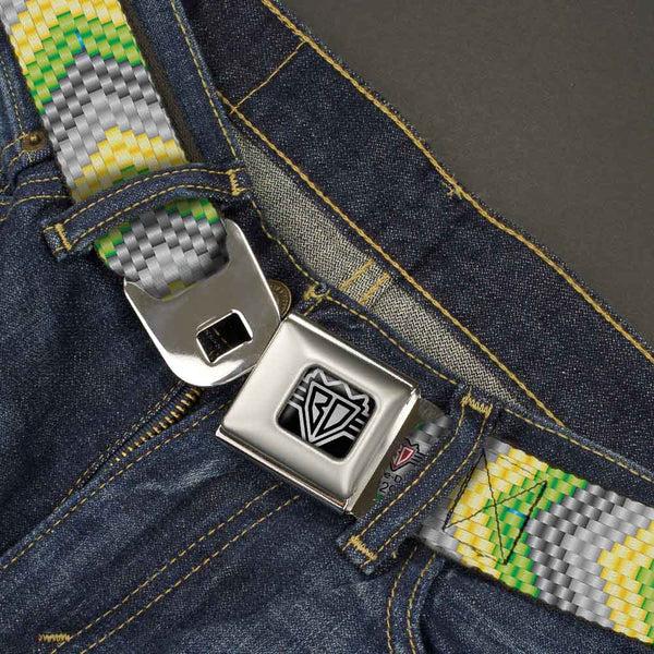 Buckle-Down BD Wings Logo CLOSE-UP Full Color Black Silver Seatbelt Belt - Chevron Weave Grays/Yellow/Green Webbing