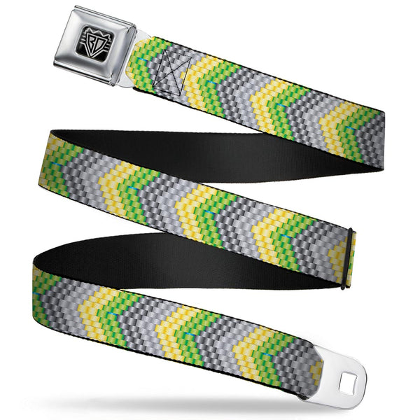 Buckle-Down BD Wings Logo CLOSE-UP Full Color Black Silver Seatbelt Belt - Chevron Weave Grays/Yellow/Green Webbing
