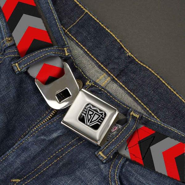 Buckle-Down BD Wings Logo CLOSE-UP Full Color Black Silver Seatbelt Belt - Chevron Red/Black/Gray Webbing