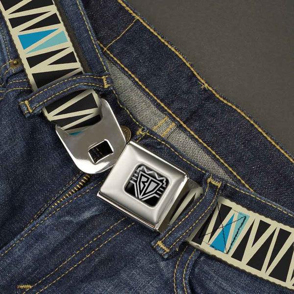 Buckle-Down BD Wings Logo CLOSE-UP Full Color Black Silver Seatbelt Belt - Zig Zag Doodle Cream/Black/Blues Webbing
