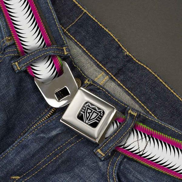 Buckle-Down BD Wings Logo CLOSE-UP Full Color Black Silver Seatbelt Belt - Fish Tail Fuchsia/Black/White Webbing