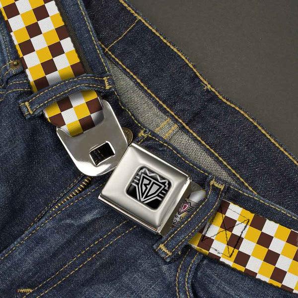 Buckle-Down BD Wings Logo CLOSE-UP Full Color Black Silver Seatbelt Belt - Checker White/Gold/Brown Webbing