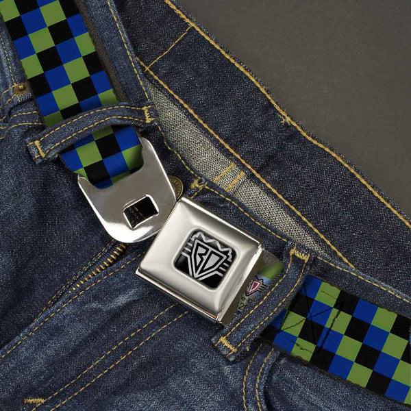 Buckle-Down BD Wings Logo CLOSE-UP Full Color Black Silver Seatbelt Belt - Checker Trio Green/Black/Blue Webbing