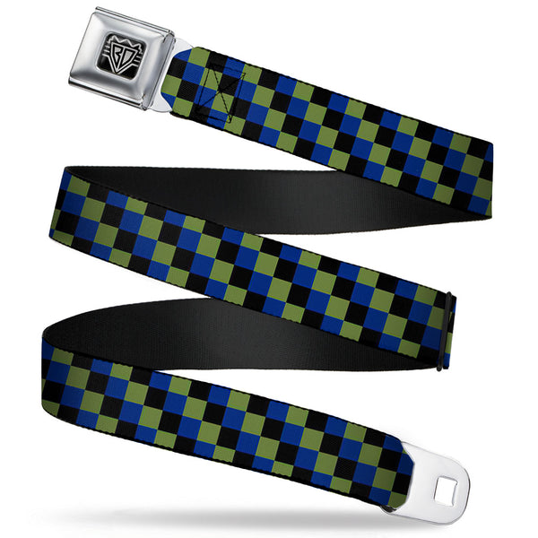 Buckle-Down BD Wings Logo CLOSE-UP Full Color Black Silver Seatbelt Belt - Checker Trio Green/Black/Blue Webbing
