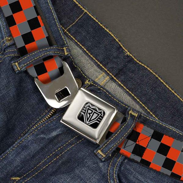 Buckle-Down BD Wings Logo CLOSE-UP Full Color Black Silver Seatbelt Belt - Checker Trio Gray/Black/Red Webbing