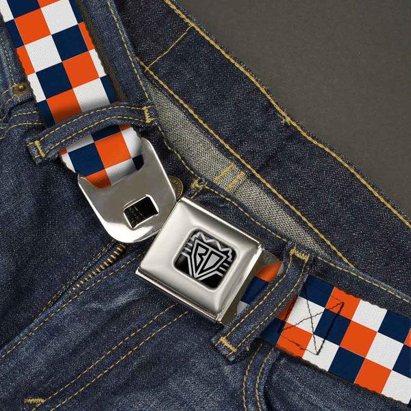 Buckle-Down BD Wings Logo CLOSE-UP Full Color Black Silver Seatbelt Belt - Checker Navy/Orange/White Webbing