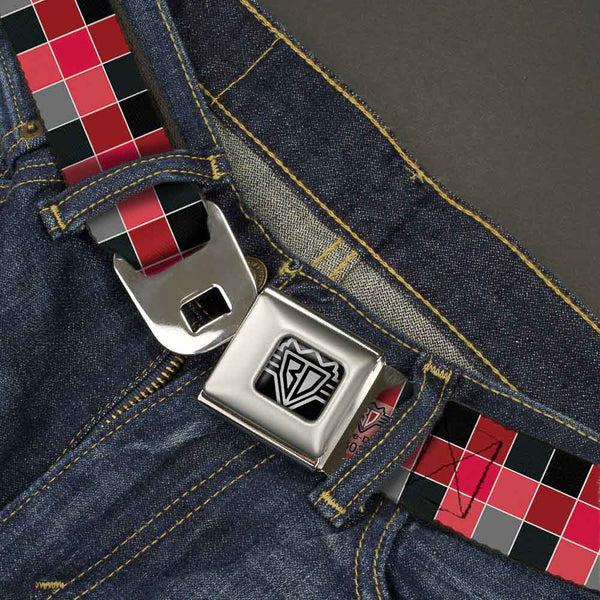 Buckle-Down BD Wings Logo CLOSE-UP Full Color Black Silver Seatbelt Belt - Checker Mosaic Red Webbing