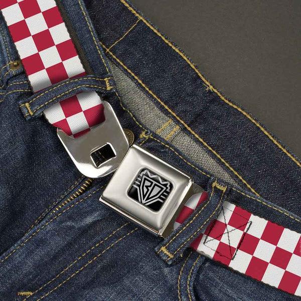 Buckle-Down BD Wings Logo CLOSE-UP Full Color Black Silver Seatbelt Belt - Checker Crimson/White Webbing