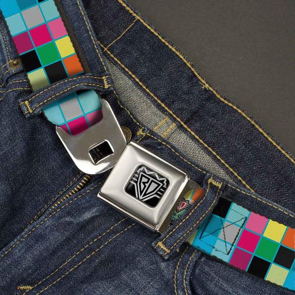 Buckle-Down BD Wings Logo CLOSE-UP Full Color Black Silver Seatbelt Belt - Checker Bright Pastel W/Outline Webbing