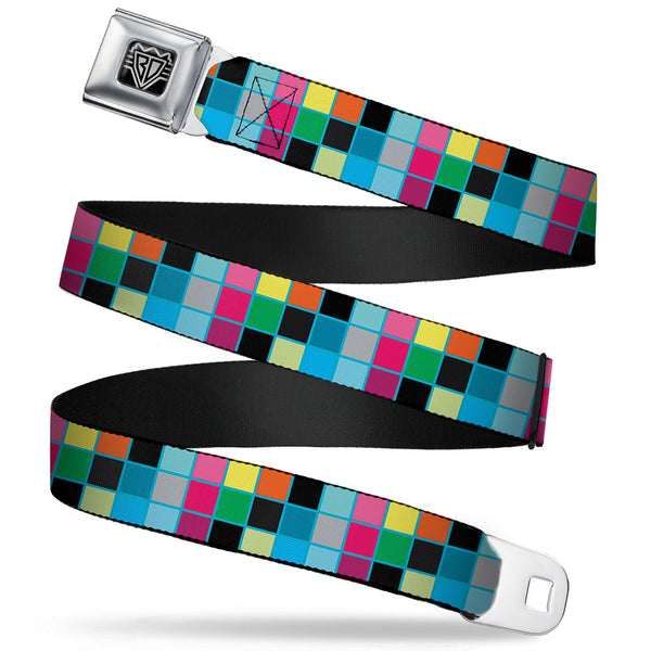 Buckle-Down BD Wings Logo CLOSE-UP Full Color Black Silver Seatbelt Belt - Checker Bright Pastel w/Outline Webbing
