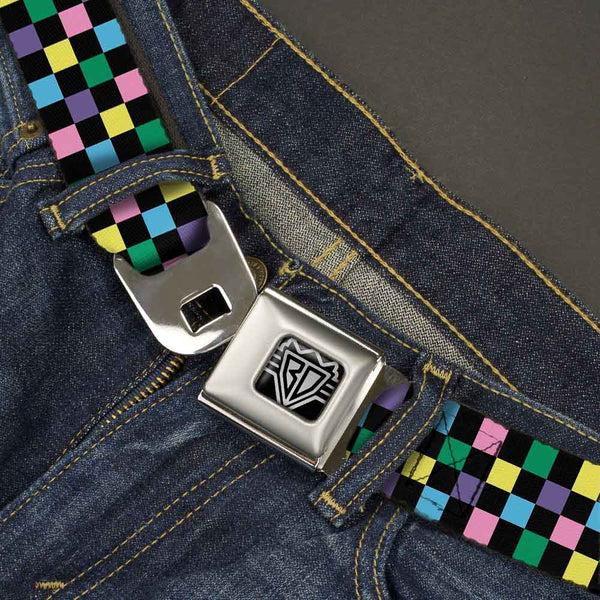 Buckle-Down BD Wings Logo CLOSE-UP Full Color Black Silver Seatbelt Belt - Checker Black/Multi Pastel Webbing