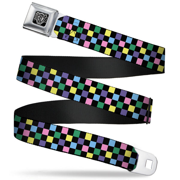 Buckle-Down BD Wings Logo CLOSE-UP Full Color Black Silver Seatbelt Belt - Checker Black/Multi Pastel Webbing