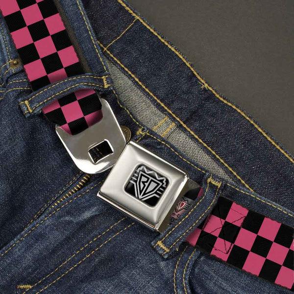 Buckle-Down BD Wings Logo CLOSE-UP Full Color Black Silver Seatbelt Belt - Checker Black/Honeysuckle Red Webbing