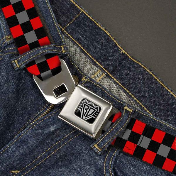 Buckle-Down BD Wings Logo CLOSE-UP Full Color Black Silver Seatbelt Belt - Checker Black/Gray/2 Red Webbing