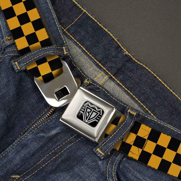 Buckle-Down BD Wings Logo CLOSE-UP Full Color Black Silver Seatbelt Belt - Checker Black/Gold Webbing
