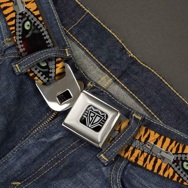 Buckle-Down BD Wings Logo CLOSE-UP Full Color Black Silver Seatbelt Belt - Tiger Eyes Webbing