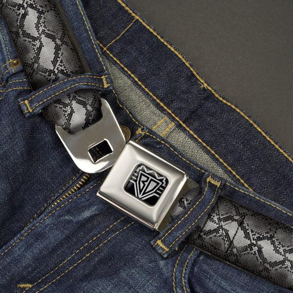 Buckle-Down BD Wings Logo CLOSE-UP Full Color Black Silver Seatbelt Belt - Snake Skin 3 Grays Webbing
