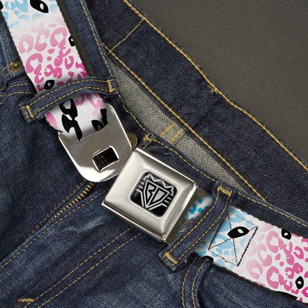 Buckle-Down BD Wings Logo CLOSE-UP Full Color Black Silver Seatbelt Belt - Leopard White/Pinks/Blues/Black Webbing