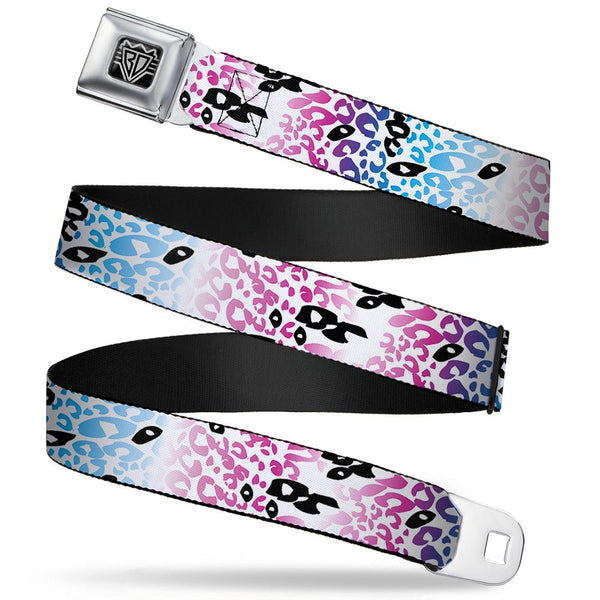 Buckle-Down BD Wings Logo CLOSE-UP Full Color Black Silver Seatbelt Belt - Leopard White/Pinks/Blues/Black Webbing