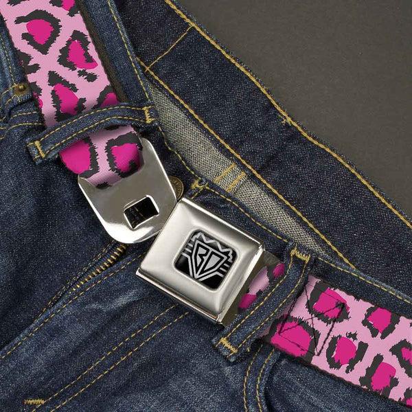 Buckle-Down BD Wings Logo CLOSE-UP Full Color Black Silver Seatbelt Belt - Leopard CLOSE-UP Pink Webbing