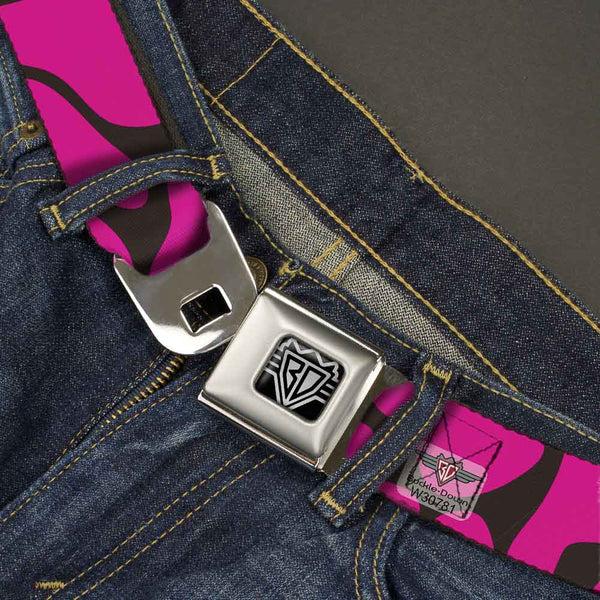 Buckle-Down BD Wings Logo CLOSE-UP Full Color Black Silver Seatbelt Belt - Giraffe Spots Black/Fuchsia Webbing