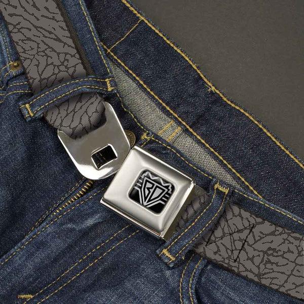 Buckle-Down BD Wings Logo CLOSE-UP Full Color Black Silver Seatbelt Belt - Elephant Crackle Grays Webbing