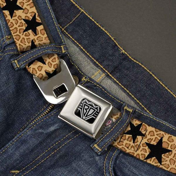 Buckle-Down BD Wings Logo CLOSE-UP Full Color Black Silver Seatbelt Belt - Cheetah/Stars Tan/Black Webbing