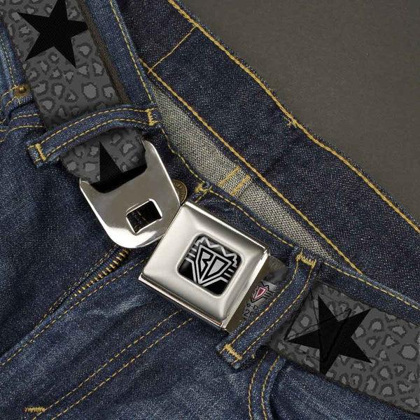 Buckle-Down BD Wings Logo CLOSE-UP Full Color Black Silver Seatbelt Belt - Cheetah/Stars Gray/Black Webbing